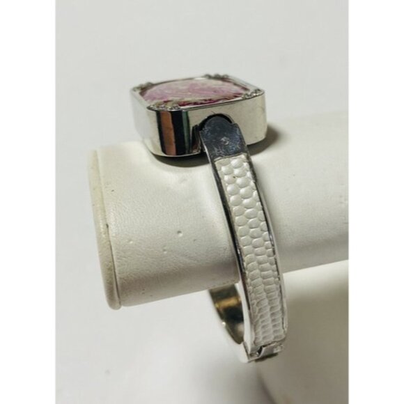 Y2K Statement Bracelet Silver-tone Rectangle Pink White Paisley Floral Butterfly - Picture 10 of 10